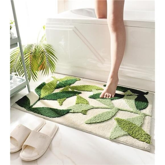 Green Leaves Bath Mats Bathroom Rugs Non-Slip Soft Microfiber Absorbent Machine - Picture 1 of 8